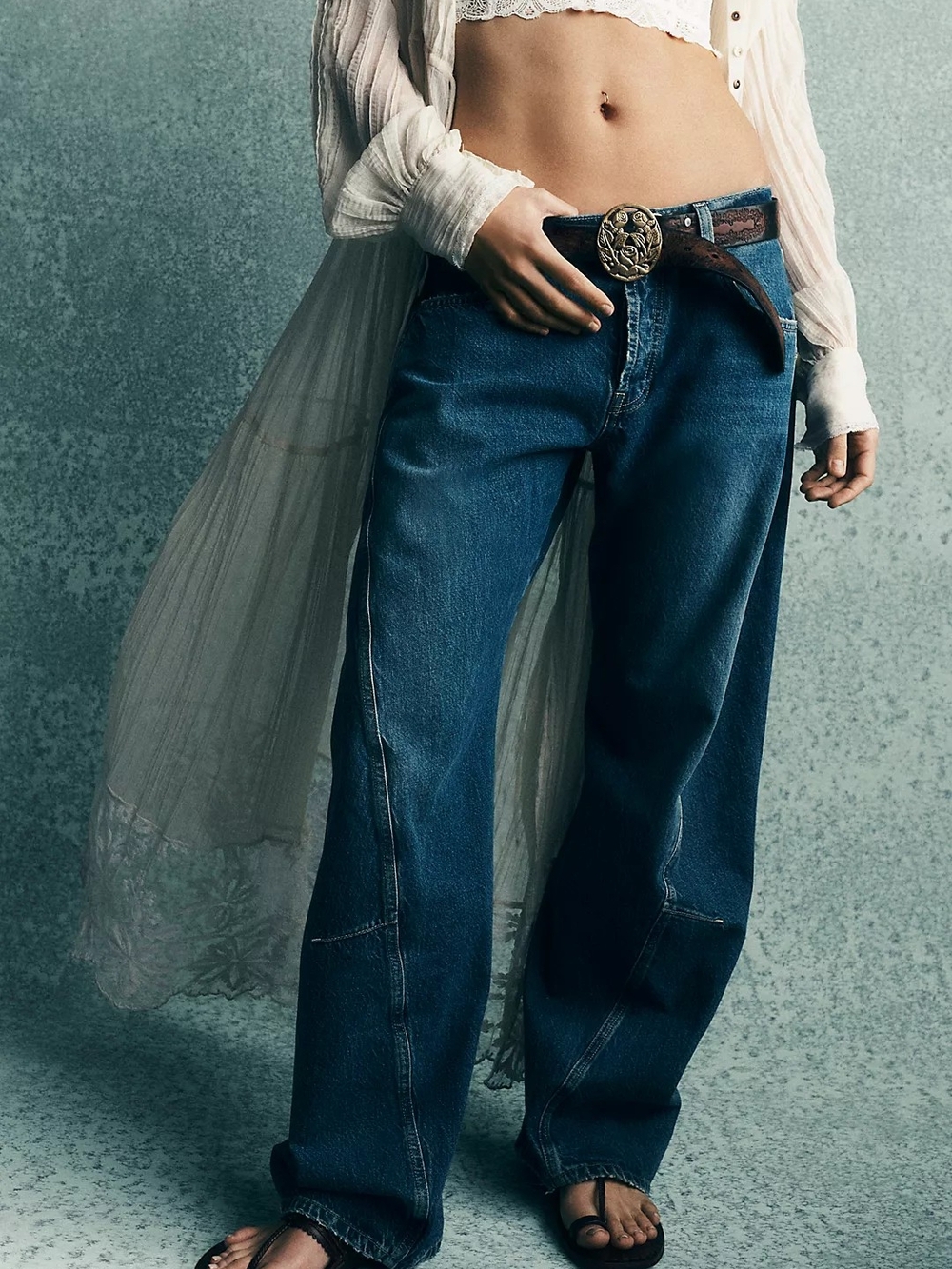 We The Free Dark Blue Wide-Leg Jeans with Brown Belt